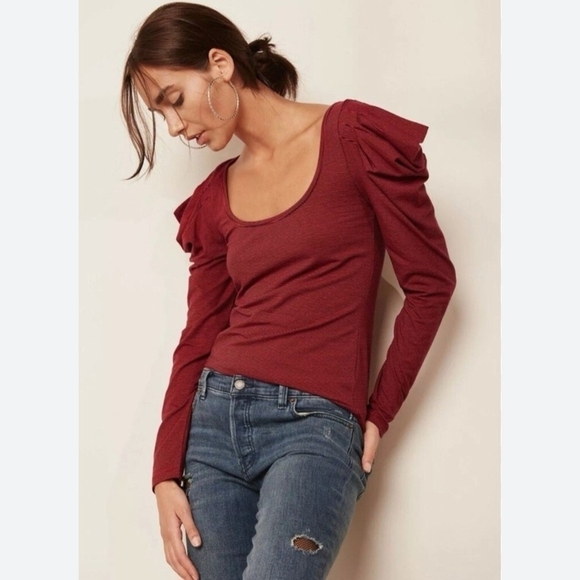 Free People Tops - Free People Penelope Long Puff Sleeve Scoop Neck Size XS Ruffle Red/Black Stripe